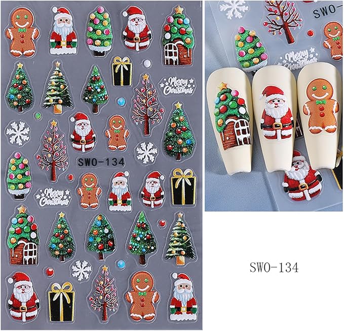 Christmas Nail Art Stickers Color Light Nail Decals with Christmas Tree Santa Claus Snowman Design 3D Self-Adhesive Gold Bow Nail Stickers Acrylic Nail Supplies for Women DIY Xmas Decor 2 Sheets