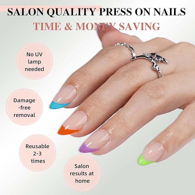 French Tip Press on Nails, Short Press on Nails Almond Reusable Glossy Soft Gel False Nails Press ons for Women, 16 Sizes 32 Count Nails Kit with Glue (SV-01)