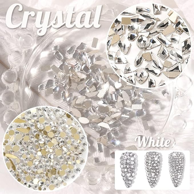 2052Pcs Crystal Clear Nail Rhinestones 72 Multi Shapes Crystal White Rhinestones for nails Flatback Big Nail Gems +1980 K9 Glass Round Beads Stones Diamonds Nail Charms Art for Nails Faces Eyes