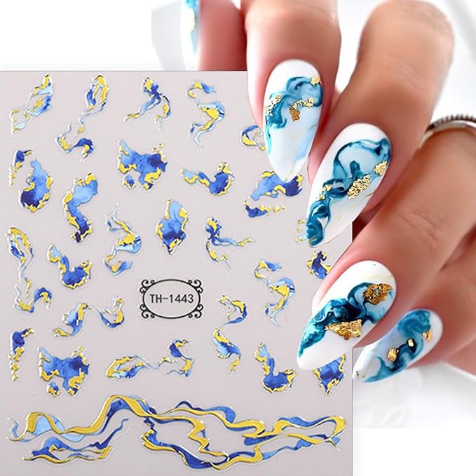 6 Sheets Marble Nail Stickers French Nail Art Stickers Decals 3D Self-Adhesive Design Bronzing Gold Nail Decals Blue Purple Brown Geometric Lines Abstract Nails Tip Decoration for Women Girls