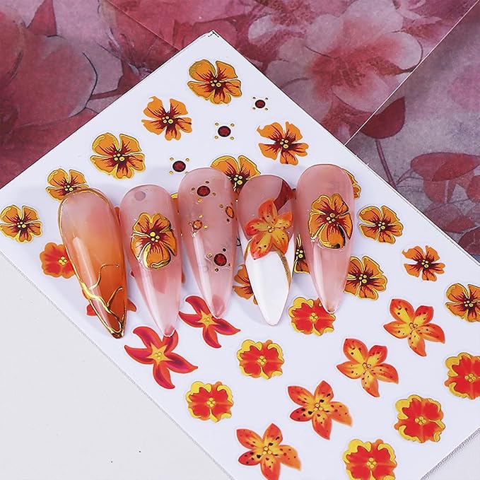 Flower Nail Stickers for Nail Art 3D Self-Adhesive Lily Hibiscus Tulip Flowers Nail Stickers Fall Floral Nail Decals Supplies for Women DIY Manicure Supplies Accessories 4 Sheets