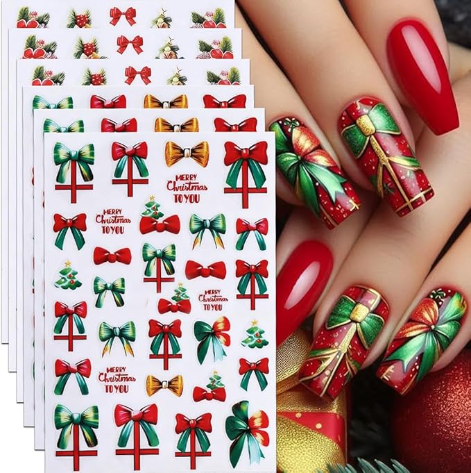 6Pcs Christmas Nail Stickers Red Green Bow Nail Decals DIY Self Adhesive Christmas Tree Poinsettia Group Snowman Cute Design Nail Decoration Supplies Holiday Manicure Accessories for Women Girls
