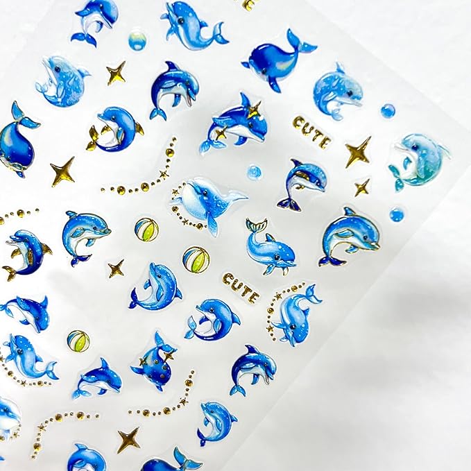 1 Sheets Summer Nail Art Stickers 5D Embossed Beach Cute Dolphin Stars Designs Self Adhesive Nails Supplies Blue Summer Sea Theme Manicure Decorations for Women Exquisite Cardboard Kit