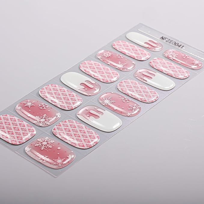 Christmas Semi Cured Gel Nail Strips, 16 Pcs Winter Xmas Gel Nail Stickers Snowflake Designs Wraps for UV/Led Manicure Lamp Nails Art Decorations