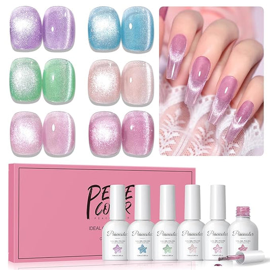 PEACECOLOR Cat Eye Gel Nail Polish Set, 6 Colors Blue Green Pink Glitter Manicure Starter Kit for Salon Need Lamp Curing Nail Art DIY at Home1
