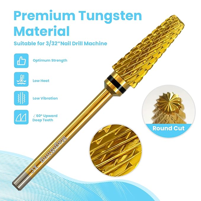 Super Cut 5 In 1 Nail Drill Bits，Tapered 3/32'' Safety Tungsten Bits, Upward Cut for Hard Gel Removal, Right Hand Use, Manicure Cuticle Gel Polishing, Technicians Bits, Gold, Extra Coarse.
