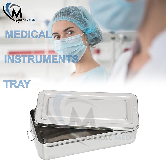 15.7" x 8" x 3.75" Trays Stainless Steel Dental Instruments Tray Organizer Holder Multi-Function Storage Sterilization Plate Trays Solid Box Cover with Locks
