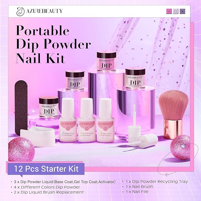 AZUREBEAUTY Dip Powder Nail Kit Starter, Pastel Lavender Pink Glitter, 4 Colors Spring Summer Dipping Powder Set, French Nail Art Base Top Activator Liquid Manicure DIY Salon 12 PCS