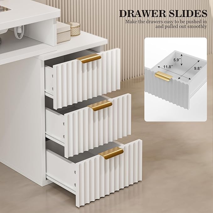 Paddie Manicure Table for Nail Tech with Dust Collector, Nail Desk Station w/4 Drawers & LED Lights, Acetone Resistant Beauty Salon Workstation w/Wrist Cushion, Golden Leg (White)