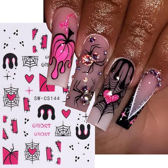 Halloween Nail Art Stickers 3D Self-Adhesive Nail Decals Nail Art Supplies 8PCS Pink French Flame Pumpkin Spider Web Ghost Eyeball Halloween Nails Adhesive Sliders for Women DIY Manicure Decorations