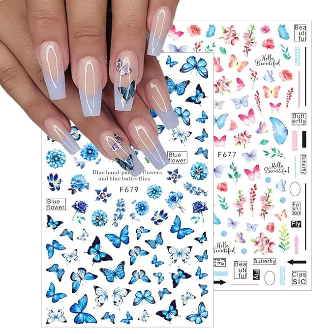7 Sheets Butterfly Nail Art Sticker Decals Spring Summer 3D Self-Adhesive Nail Decals Colorful Floral Nail Supplies Pink Blue Purple Yellow Butterfly Nails Designs Supplies for Women Nail Decoration