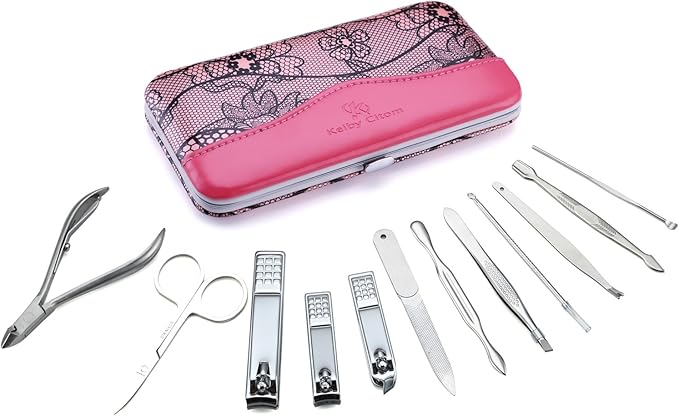 Manicure Set Professional Nail Clippers Kit Pedicure Care Tools- Stainless Steel Grooming Kit 12Pcs for Travel or Home (Pink)