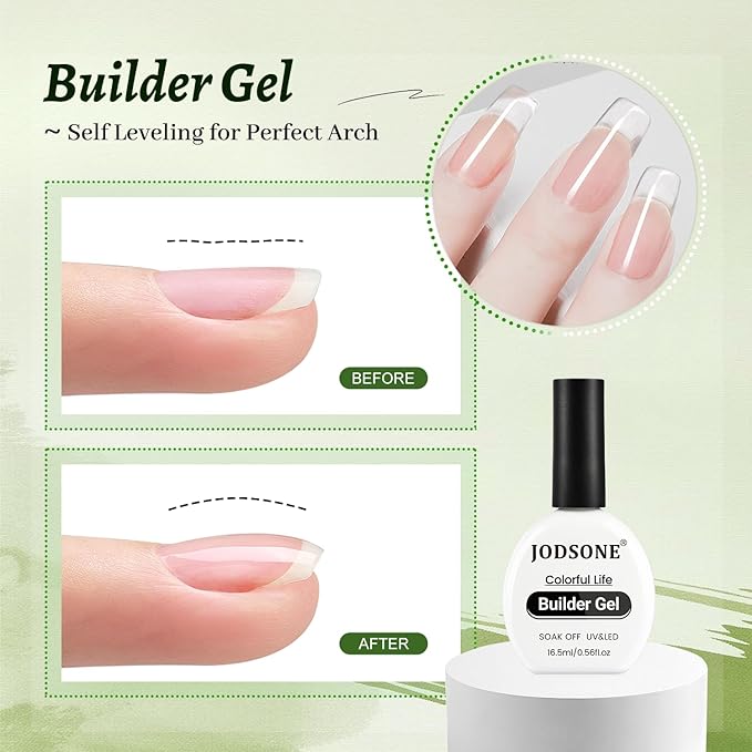 JODSONE 3Pcs 16.5ml Top Coat And Base Coat Set with Builder Gel No Wipe Top Coat Base Gel Builder for Thickening Strengthener Building Extension Need U V Lamp Cured