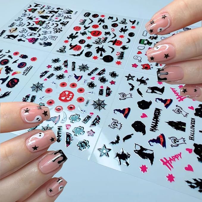 24Pcs/Set Small Halloween Nail Art Sticker, 3D Self-Adhesive Scary Ghost Skull Clown Witch Cat Pumpkin Spider Web Nail Stickers with Design Cute Halloween Nail Decals for Women
