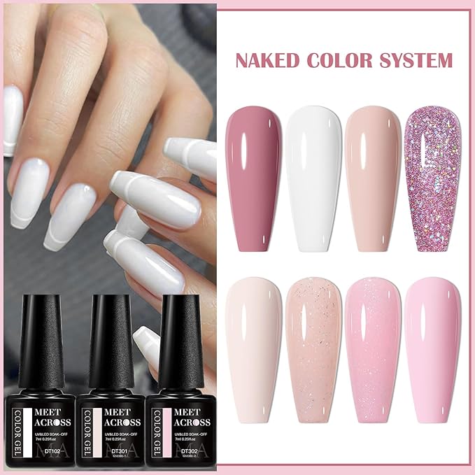 MEET ACROSS Gel Nail Polish Set, 8 Colors Nude Pink Milky White Gel Polish Set Peach Pink Skin Tones Neutral Nail Polish Barely Pink Soak Off LED Starter Kit Popular Nail Art DIY Manicure Gifts