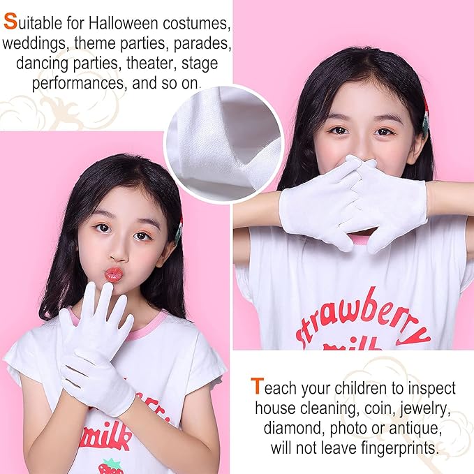 24pcs Unisex Soft White Cotton Gloves for Dry Hands, Work, Coin Jewelry Inspection, Moisturizing Eczema Cotton Gloves, Small Size for Child