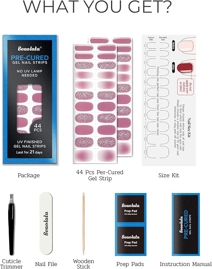 Pre Cured Gel Nail Strips - 44PCS Salon Quality Gel Nail Stickers - Long Lasting Polish Wraps for Women no UV Light Needed Easy Apply& Remove (Muted Pink)