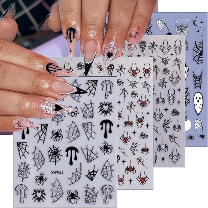 4 Sheets Halloween Nail Art Stickers Decals 3D Self-Adhesive Ghost Skull Cherry Nail Decals Holographic Glitter Design Bat Water Drop Spider Web Nail Stickers Holiday Nail Decorations for Women