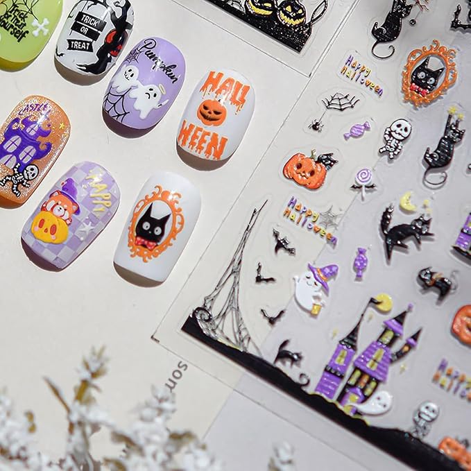 1 Sheets Embossed Halloween Nail Stickers for Nail Art Cute Pumpkin Black Cat Nail Decals Self-Adhesive Horror Ghost Skeleton Nail Art Stickers 5D Spider Web Nail Design Decals for Women