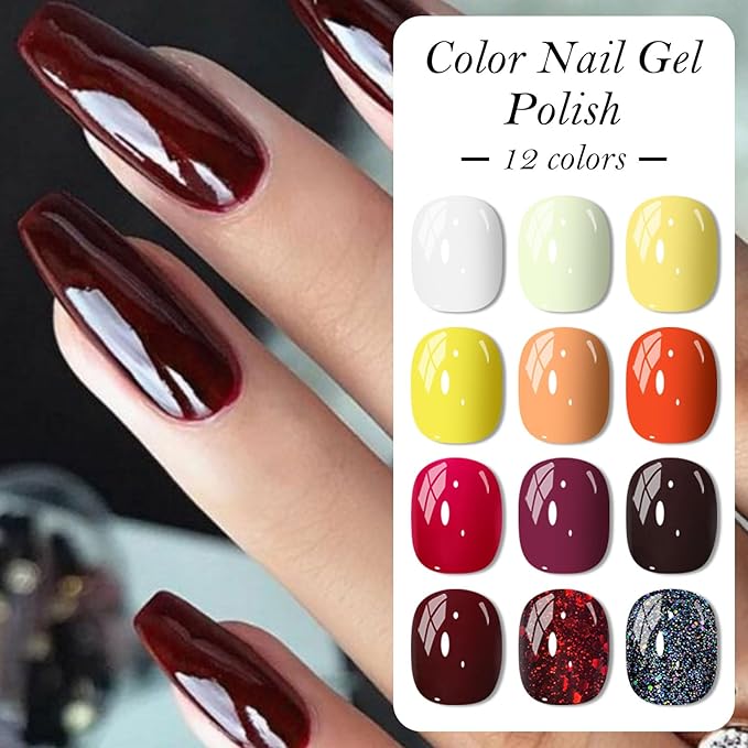 MEET ACROSS 12PCS Gel Nail Polish Set, 12 Colors Gel Nail Kit Art Design Soak Off UV LED,Nail Art Design Gifts for Women (Fall, 12PCS)