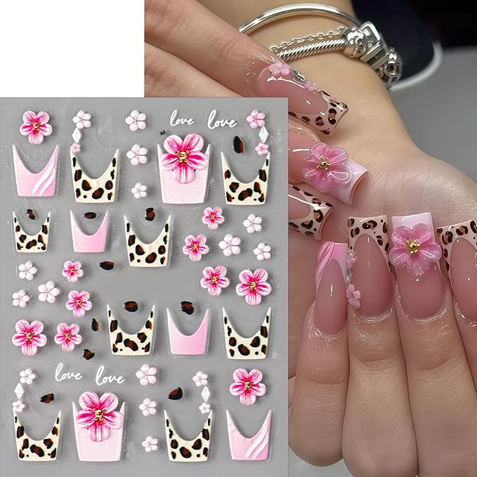 4 Sheets Flower Nail Art Stickers Decals 5D Embossed Flower Leopard French Line Nail Decals Pink Floral Leopard Nail Art Design Pink Flowers Coil Nail Supply for Women Winter DIY Manicure Decorations