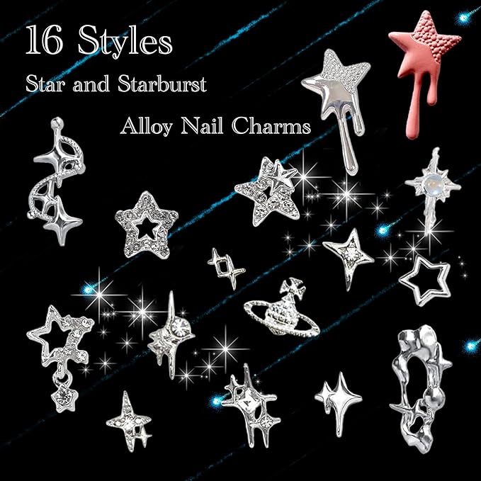 124PCS Star 3D Nail Charms for Acrylic Nails, Silver Nail Gems Alloy Starburst Nail Accessories, Nail Rhinestones for Nail Art Supplies Manicure Craft DIY
