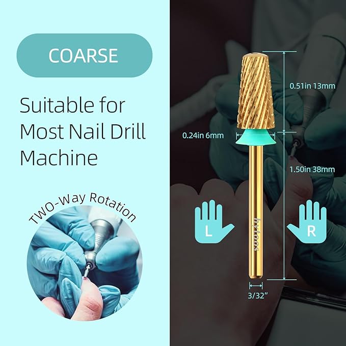 Coarse Safety Tapered Nail Drill Bits,Titanium Coating Round Top 3/32 Carbide Bit, Two-way Rotate for Both Hand, Nails Drills Accessories Gel Remover Tool (C, titanium)