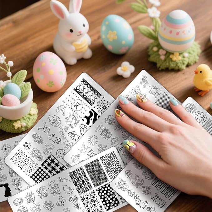 PH PandaHall 5pcs Easter Nail Stamp Plate Cute Bunny Chick Nail Art Template Easter Eggs Nails Image Plates Mushroom Spring Manicures Art Template for Women Holiday Manicure DIY Designs Decorations