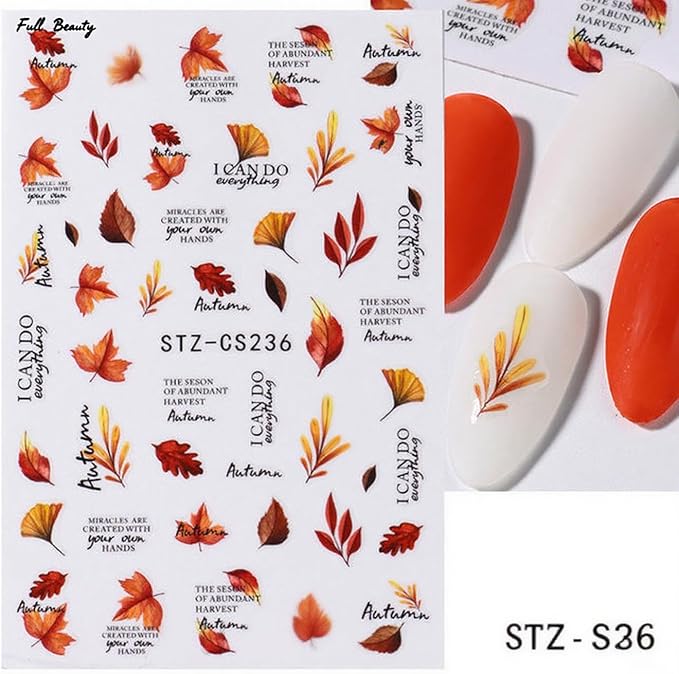 6Pcs Fall Nail Stickers Maple Leaves Nail Decals DIY Self Adhesive Thanksgiving Nail Design Autumn Nail Decoration Supplies Manicure Accessories for Women Girls