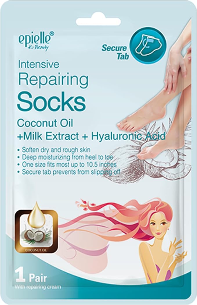 Epielle Intensive Repairing Foot Masks 6 Pairs, Deep Moisturizing Socks for Dry Feet & Cracked Heels, Repair with Coconut Oil & Milk Extract, Korean Skin Care, Spa Set, Self Care Gifts for Women