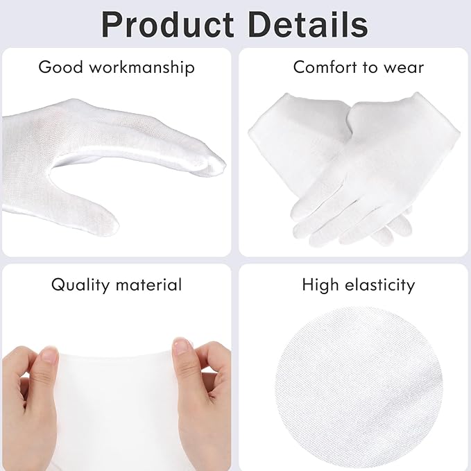 144 Pcs/72 Pairs Cotton Gloves, Cotton Bulk Pack Moisturizing Glove Large Size White Glove for Men Women Inspection Gloves for Dry Hand Art Handling Coin Jewelry