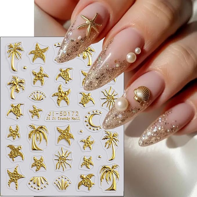 2Pcs Summer Nail Stickers for Nails Art 5D Gold Ocean Nail Decals Self Adhesive Tropical Starfish Sea Turtle Coconut Tree Nail Design Sticker Summer Beach Nails Art Stickers Accessories for Women DIY