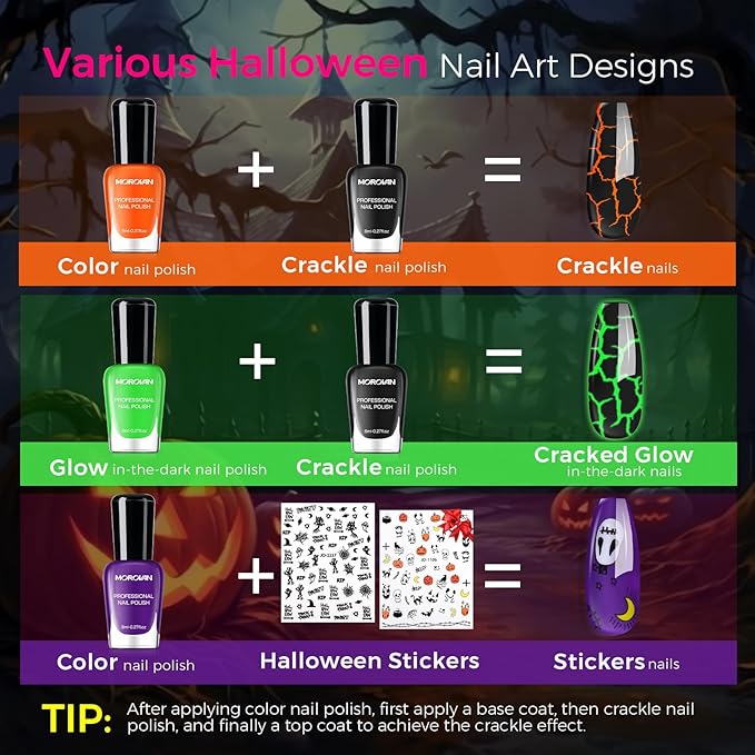 Morovan Halloween Nail Polish Set: Black Crackle Pumpkin Orange Glow in the Dark Neon Green Fingernail Polish Kit with Nail Stickers 2025 Quick Dry Manicure for Women Girls Party Costumes Gifts