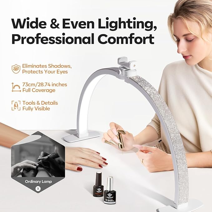 Modelones 29IN Half Moon Light for Nail Desk, 364 LEDs 3 Color Modes Rhinestones Nail Light for Desk with Phone Holder, Foldable Premium LED Lamp for Professional Manicure, Eyelash Extension, Skincare