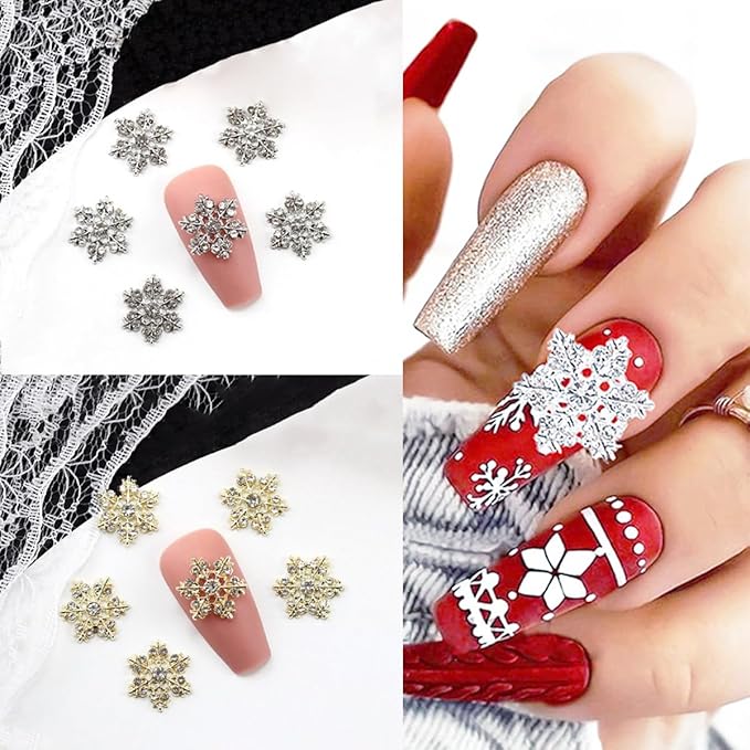 20Pcs Christmas Snowflake Nail Charms and Gems Gold Silver Alloy Snowflake Xmas Nail Art Charms Rhinestone Jewelry for Women DIY Winter Christmas Holiday Party Nail Decoration Supply