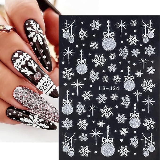 8 Sheets Christmas Nail Art Stickers - 3D Self-Adhesive Gold Glitter Snowflake Xmas Trees & White Reindeer Nail Decals - Winter Holiday DIY Kit