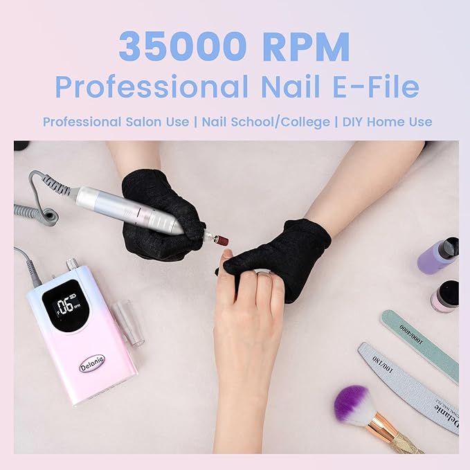 Delanie Professional Nail Drill High Torque 35000 RPM Rechargeable Portable Electric Nail File Filer for Acrylic Gel with Cuticle Bits, Salon Manicure Tool, Gradient Pink