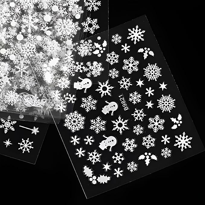30 Sheets Christmas Nail Art Stickers Decals 3D Self-Adhesive Snowflake Nail Stickers White Snowmen Santa Claus Elk Nail Supplies New Year DIY Nail Decals