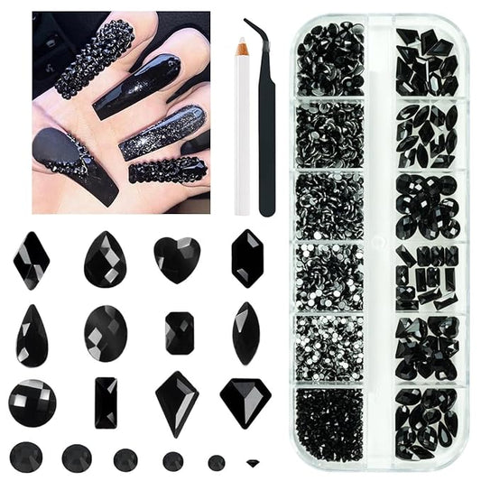 2052Pcs Black Nail Art Rhinestones Kit 72 Multi Shapes Crystal Flatback Rhinestones Gems +1980 Jet Black Round Beads Glass Stones Diamonds Jewels w Tweezer & Wax Pen for Nail Faces Eyes Makeup Crafts