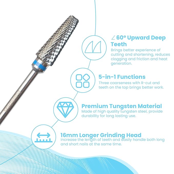 Super Cut 5 In 1 Nail Drill Bits, Tapered Barrel 3/32'' Safety Tungsten Bits, Upward Cut for Hard Gel Removal, Right Hand Use, Manicure Cuticle Gel Polishing, Technicians Bits, Medium.