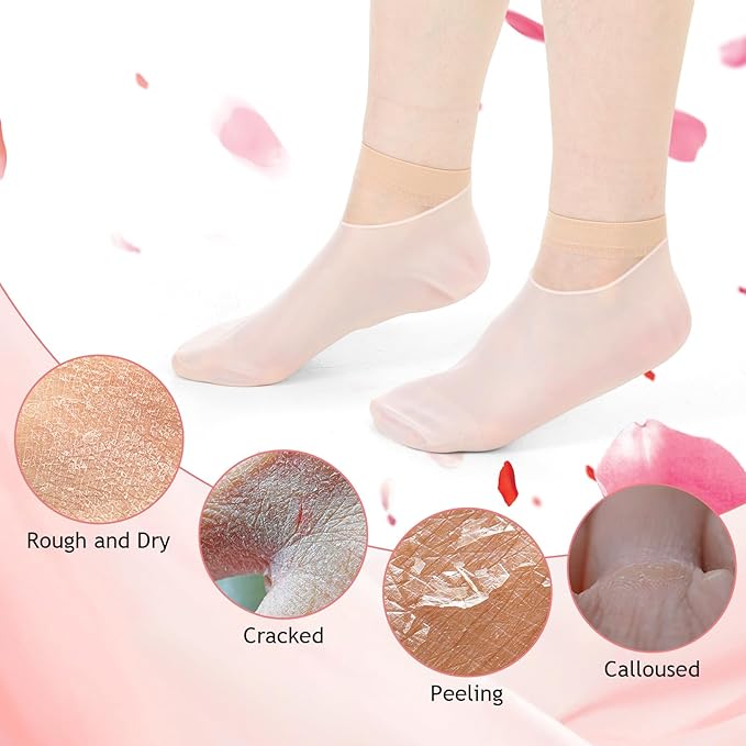 4Pairs Silicone Socks Gloves Set for Dry Cracked Feet and Hands, Anti Slip Soft Feet Moisturizer Socks Moisturizing Gloves for Softening, Care After Pedicure (Pink, Nude)
