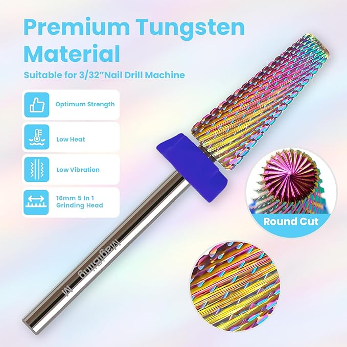 M 5 in 1 Nail Drill Bits, 16mm Tapered 3/32'' Professional Tungsten Carbide Bits for Efile, 2 Rotation for Electric Drill, Remove Thick & Soft Gel Fast, Manicure Cuticle Polishing, Techs Bits, Medium.