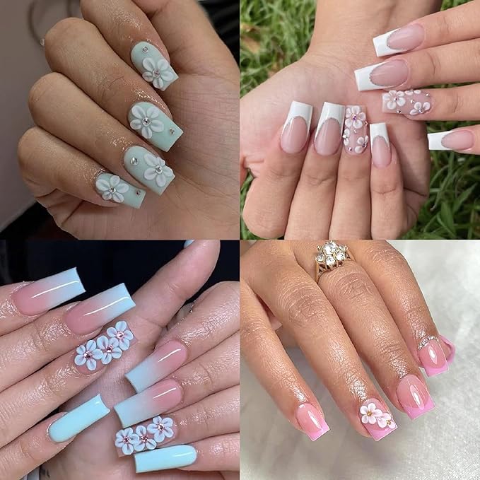 5D Embossed Crystal Diamond Flower Nail Art Stickers Small White Flowers Self-Adhesive Nail Decals Cherry Blossoms with Rhinestones Nail Design Supplies Cute Stickers for Women Girl Manicure 3PCS