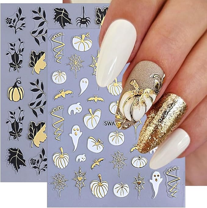 4 Sheets Halloween Nail Art Stickers Decals Fall Nail Decals Gold 3D Self-Adhesive Ghost Bat Spider Web Pumpkin Nails Decor Autumn Maple Leaf Nails Designs Stickers for Women Party Manicure Supplies