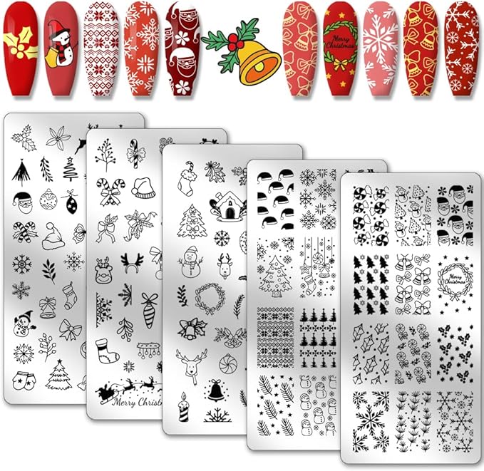 PH PandaHall 5pcs Christmas Nail Stamping Plate 128 Pattern Reindeer Snowman Snowflake Bell Nail Stencils Nail Art Stamping Plate Stainless Steel Print Nail Stencil for Nail Art Design Manicure Salon