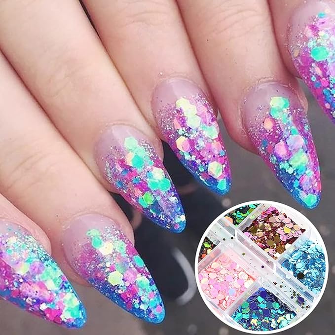 12 Grids Chameleon Nail Art Sequins Polygon Holographic Nail Supplies Bright Moving Nail Glitter Pattern Mermaid Nail Glitters Flakes Design 3D DIY Acrylic Nails for Women Manicure Powder Decorations