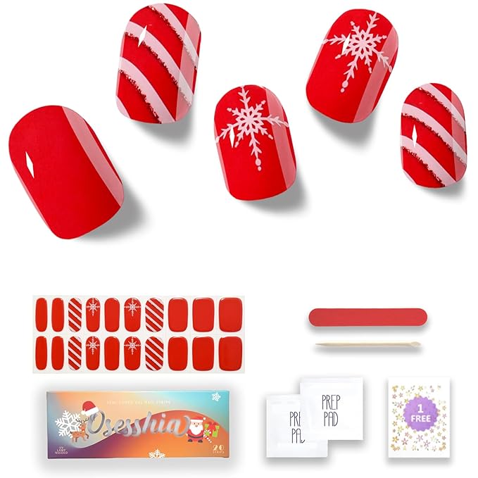 Semi Cured Gel Nail Strips, 20 pcs Nail Wraps, Glaze Stickers, Salon Quality French Manicure, Full Decal Gel Polish Strips, Long Lasting SCG, Easy on, UV Required (Candy Cane)