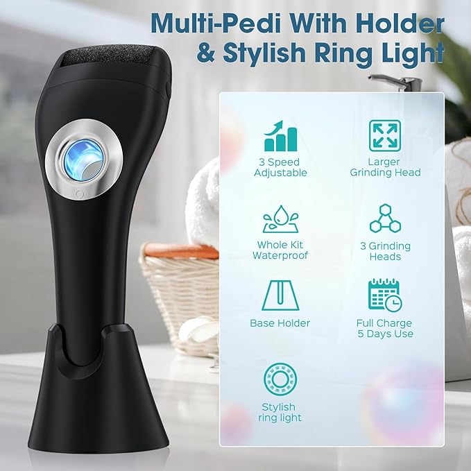 Foot Scrubber Callus Remover for Feet - with Holder & RingLight, Portable Pedicure Kit Foot File Callus Remover, Waterproof Professional Pedicure Tool Foot Care for Deadskin Hard Cracked Dry Skin