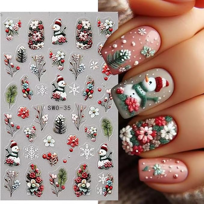Christmas Nail Stickers 5D Embossed Christmas Tree Snowman Nail Art Stickers Winter Snowflake Nail Decals Self-Adhesive Bow Holiday Lights Design Sticker Xmas Cute Nail Art Decoration for Women 4Pcs