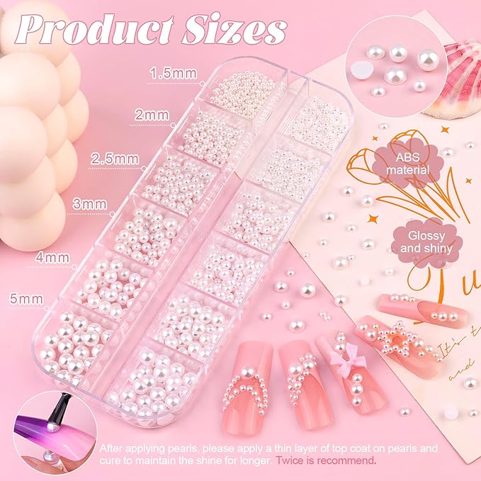 1 Box Nail Pearls Kit for Nail Art, White Pearl Nail Charms for Nails Design (Flatback+Round), Nail Charms and Gems for Acrylic Tips Manicure Decor with Pickup Pencil and Tweezers